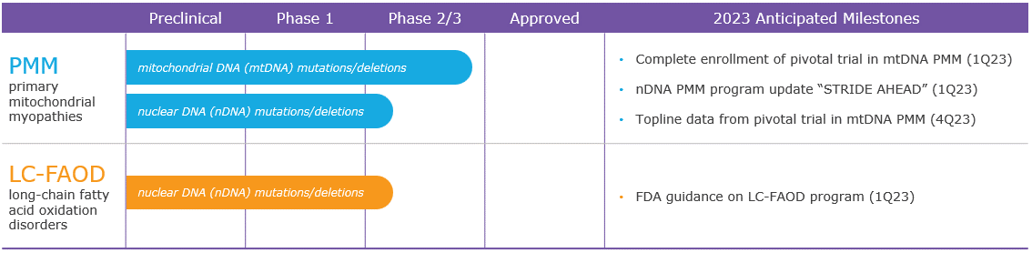 PMM in mtDNA is in Phase 2/3, nDNA entering Phase 2/3, and LC-FAOD entering Phase 2/3